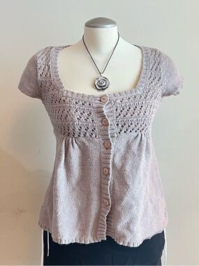 Vintage Y2K RW & Co. beige knit button up babydoll top with ruffle details